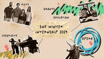 A collage with a map-inspired design featuring various photos, with the words 'visits,' 'grants,' 'education,' 'creativity,' and 'opera' scattered across the image